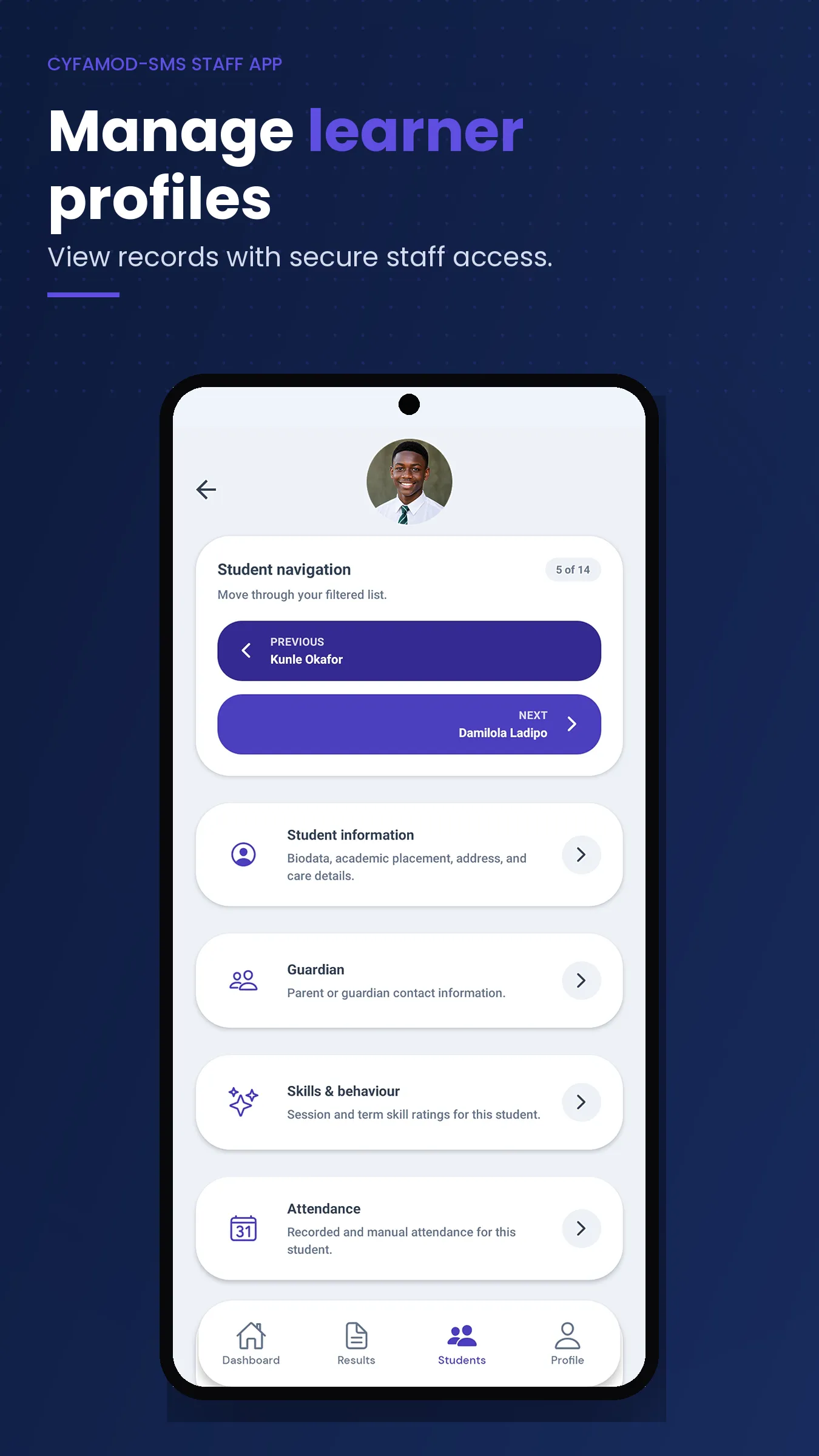 Staff Student Profile Screen
